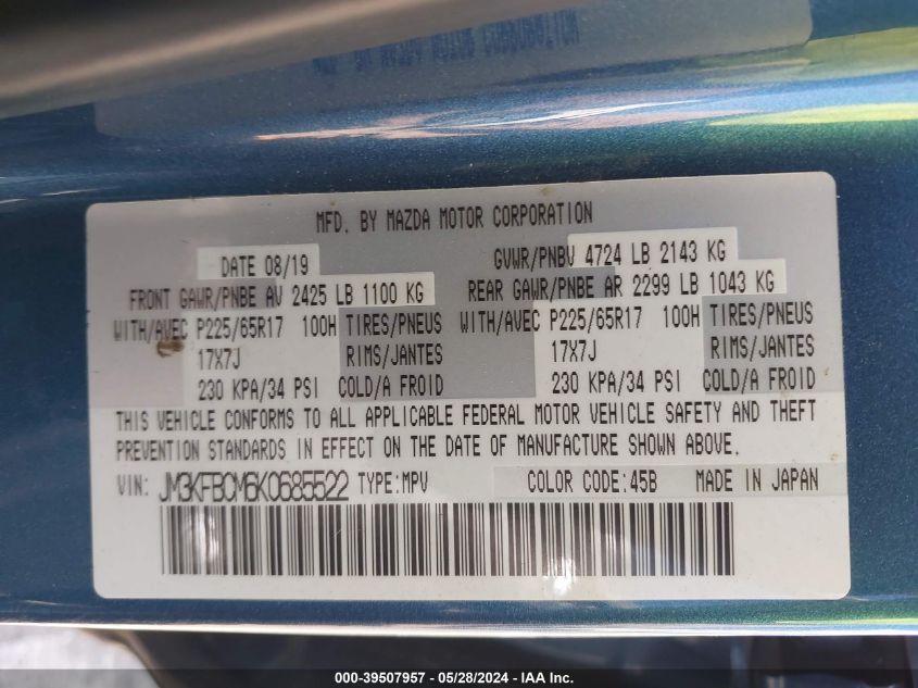 2019 Mazda Cx-5 Touring VIN: JM3KFBCM6K0685522 Lot: 39507957