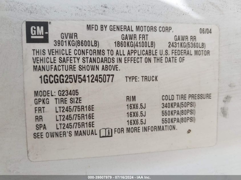 2004 Chevrolet Express VIN: 1GCGG25V541245077 Lot: 39507979