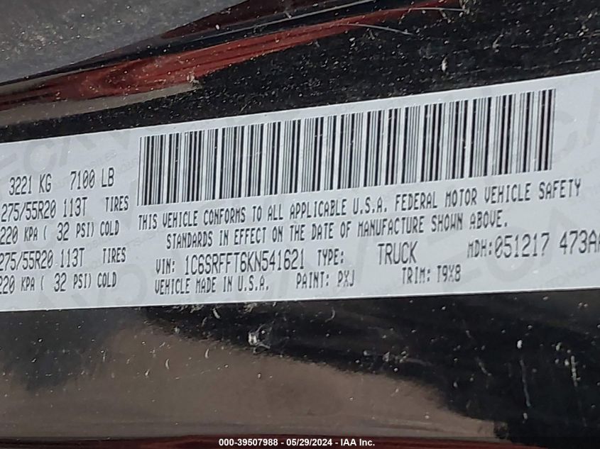 2019 Ram 1500 Big Horn/Lone Star 4X4 5'7 Box VIN: 1C6SRFFT6KN541621 Lot: 39507988