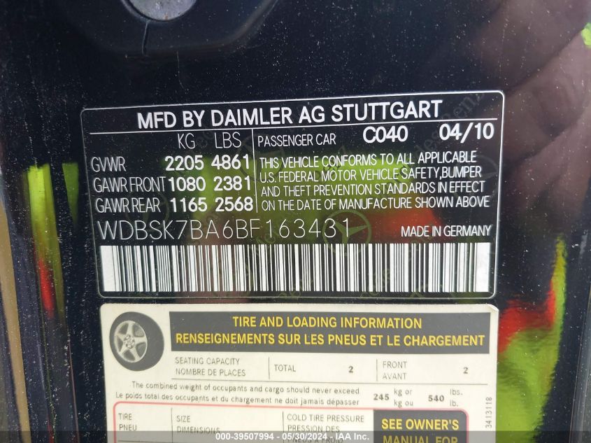 2011 Mercedes-Benz Sl 550 VIN: WDBSK7BA6BF163431 Lot: 39507994