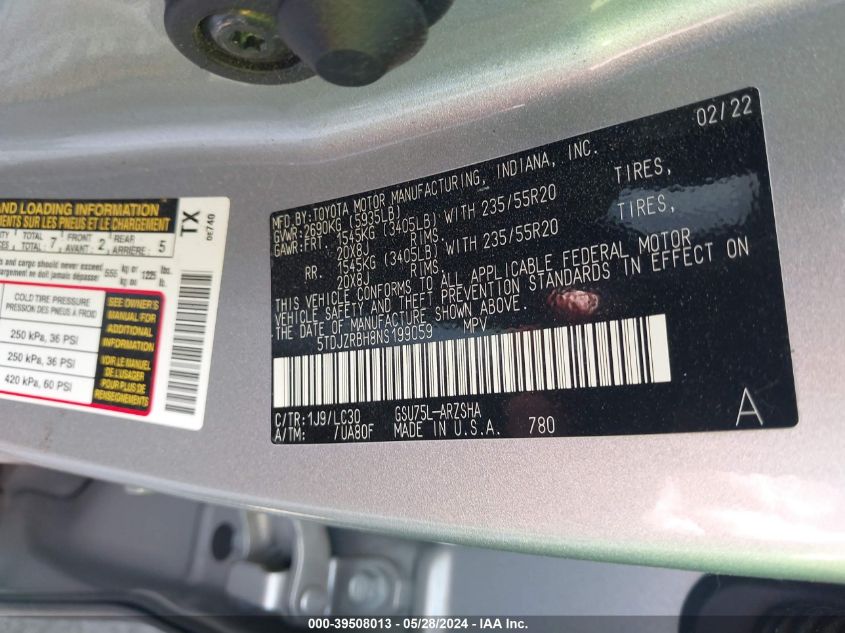 2022 Toyota Highlander Xse VIN: 5TDJZRBH8NS199059 Lot: 39508013