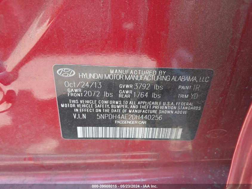 2013 Hyundai Elantra Gls VIN: 5NPDH4AE2DH440256 Lot: 39508015