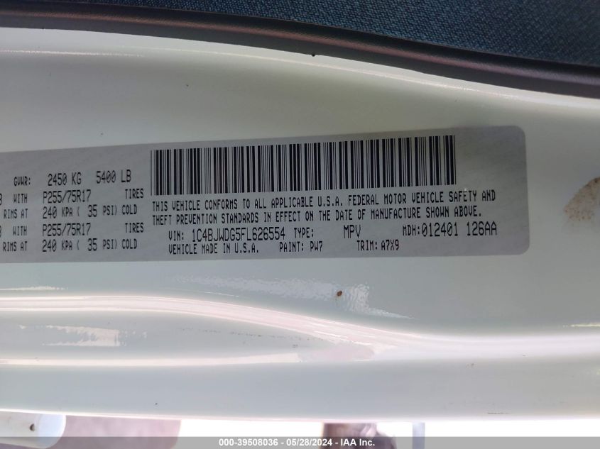 2015 Jeep Wrangler Unlimited Sport VIN: 1C4BJWDG5FL626554 Lot: 39508036