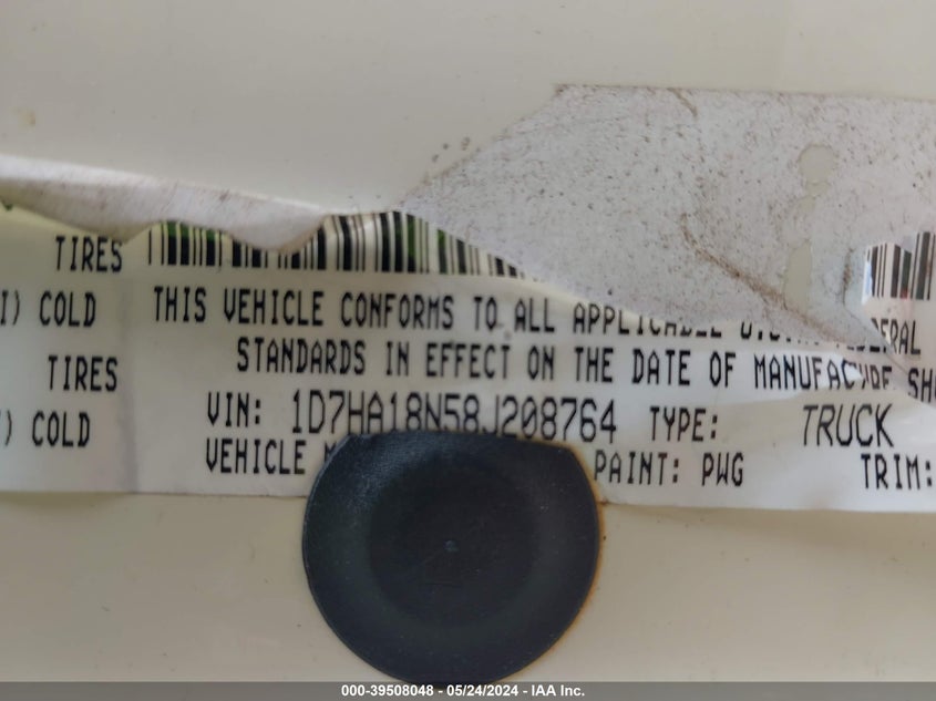 2008 Dodge Ram 1500 Slt VIN: 1D7HA18N58J208764 Lot: 39508048