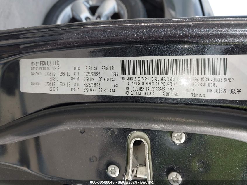2017 Ram 1500 Lone Star 4X4 5'7 Box VIN: 1C6RR7LT4HS575849 Lot: 39508049