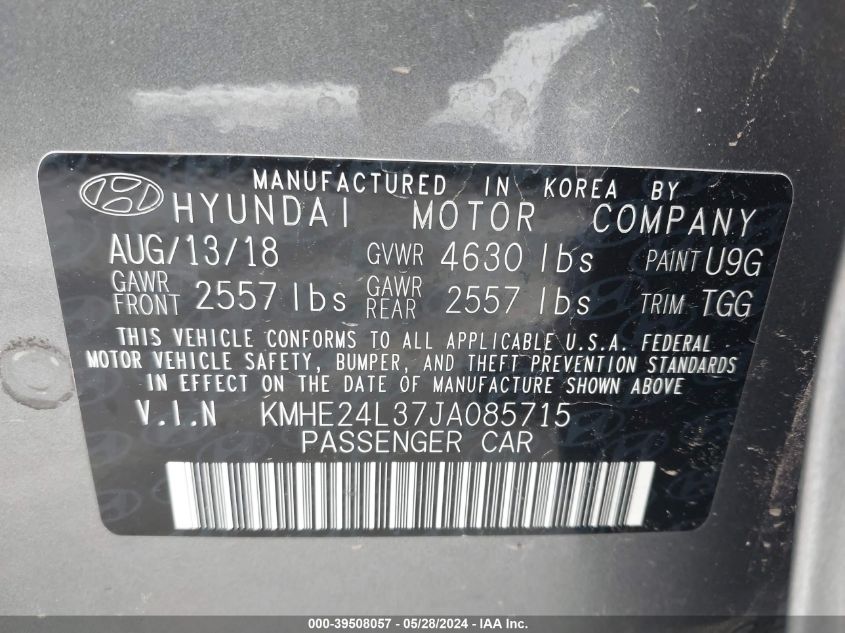 2018 Hyundai Sonata Hybrid Se VIN: KMHE24L37JA085715 Lot: 39508057