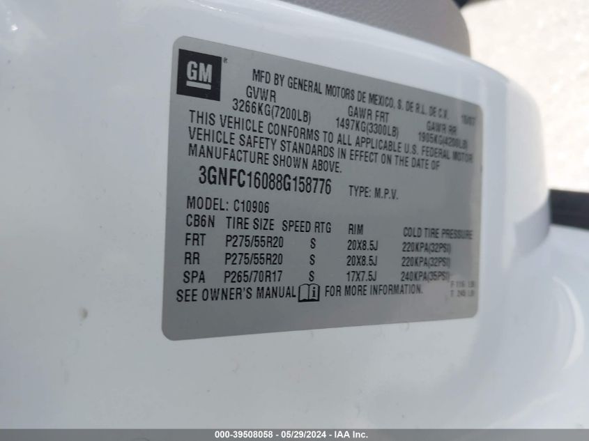 2008 Chevrolet Suburban 1500 Ltz VIN: 3GNFC16088G158776 Lot: 39508058