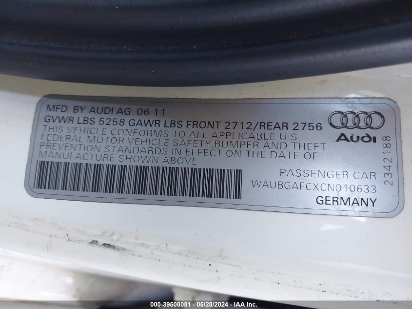 2012 Audi A6 3.0 Premium VIN: WAUBGAFCXCN010633 Lot: 39508081