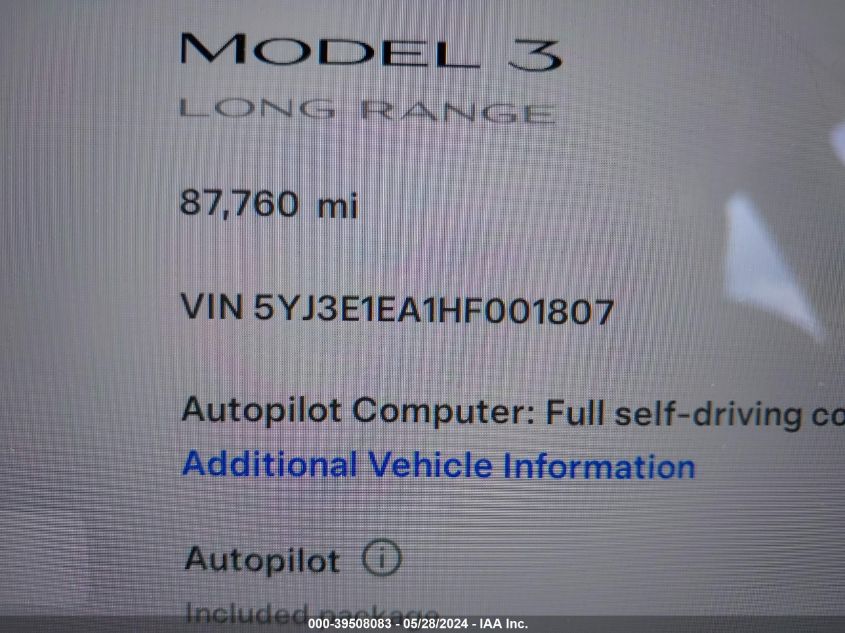 2017 Tesla Model 3 Long Range/Standard VIN: 5YJ3E1EA1HF001807 Lot: 39508083