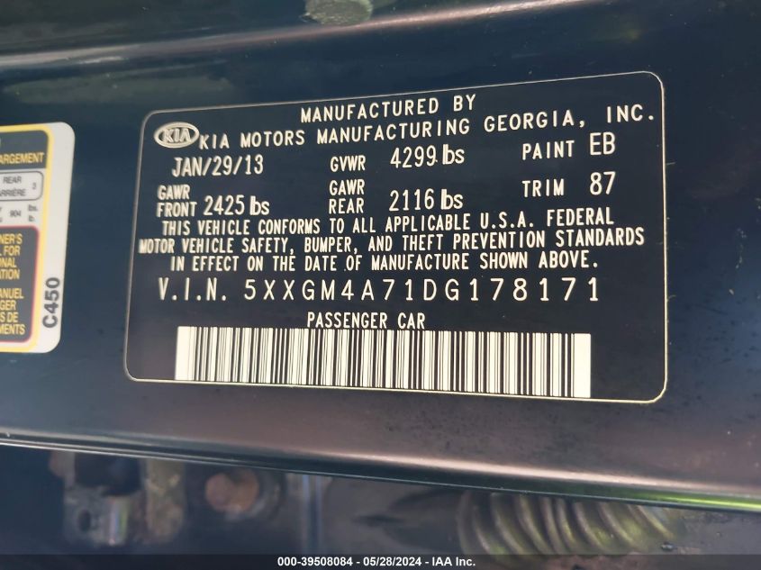 2013 Kia Optima Lx VIN: 5XXGM4A71DG178171 Lot: 39508084