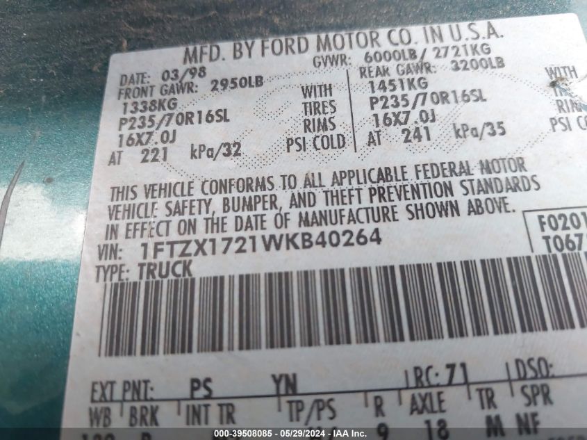 1998 Ford F-150 Standard/Xl/Xlt VIN: 1FTZX1721WKB40264 Lot: 39508085