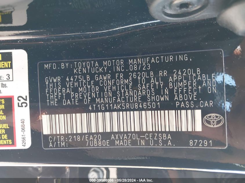 4T1G11AK5RU846501 2024 Toyota Camry Se