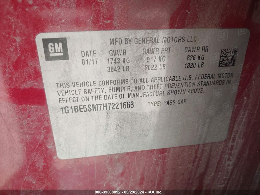 2017 Chevrolet Cruze Lt Auto VIN: 1G1BE5SM7H7221663 Lot: 39508092