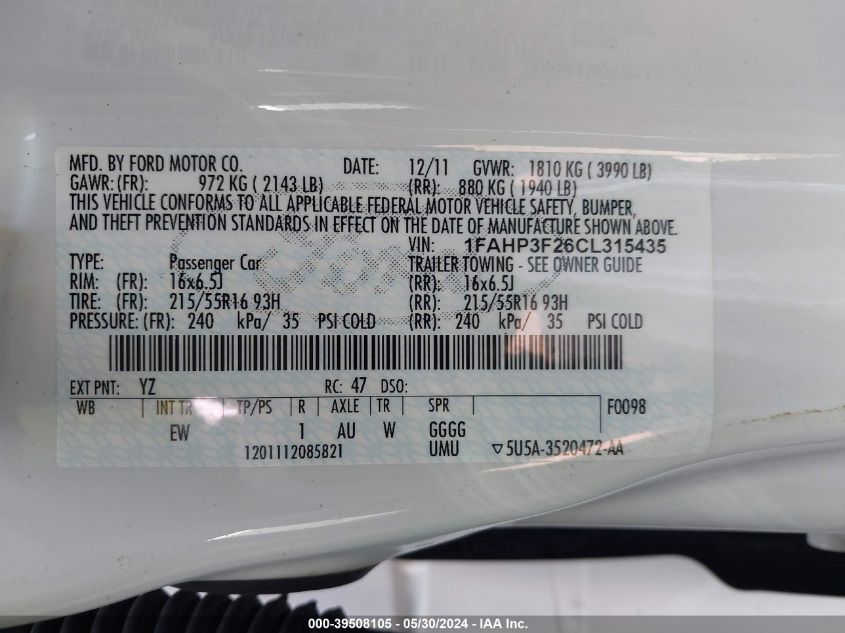 2012 Ford Focus Se VIN: 1FAHP3F26CL315435 Lot: 39508105