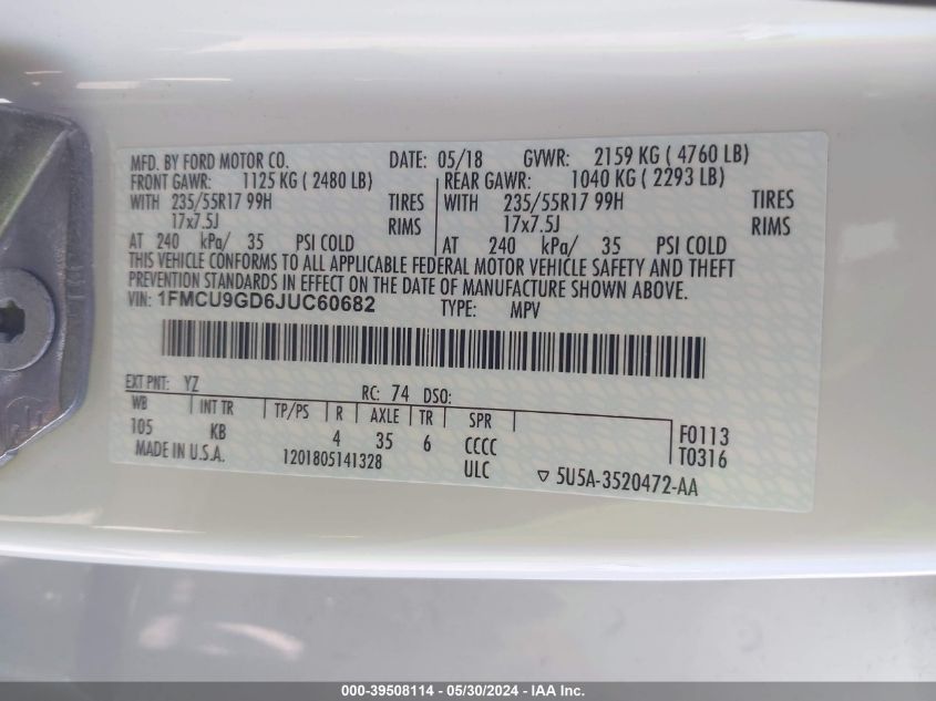 2018 Ford Escape Se VIN: 1FMCU9GD6JUC60682 Lot: 39508114