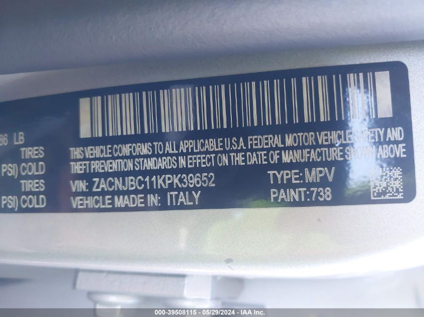 2019 Jeep Renegade Trailhawk 4X4 VIN: ZACNJBC11KPK39652 Lot: 39508115