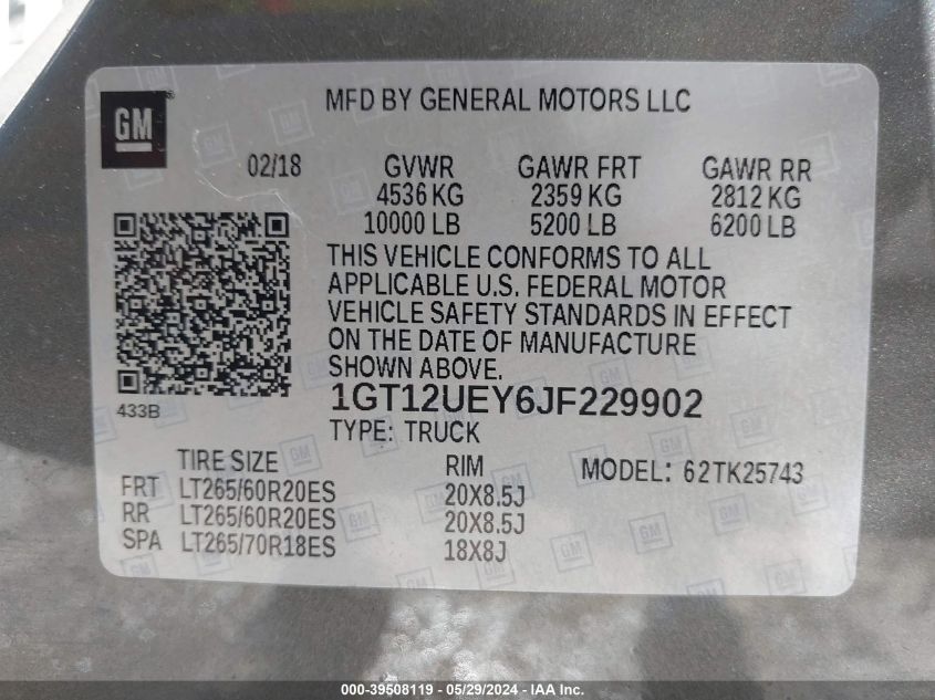 2018 GMC Sierra 2500Hd Denali VIN: 1GT12UEY6JF229902 Lot: 39508119