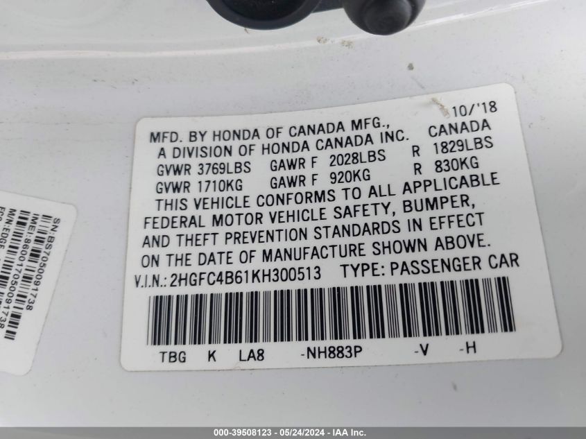 2019 Honda Civic Lx VIN: 2HGFC4B61KH300513 Lot: 39508123