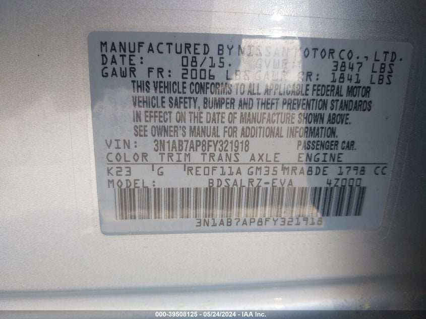 2015 Nissan Sentra Sr VIN: 3N1AB7AP8FY321918 Lot: 39508125