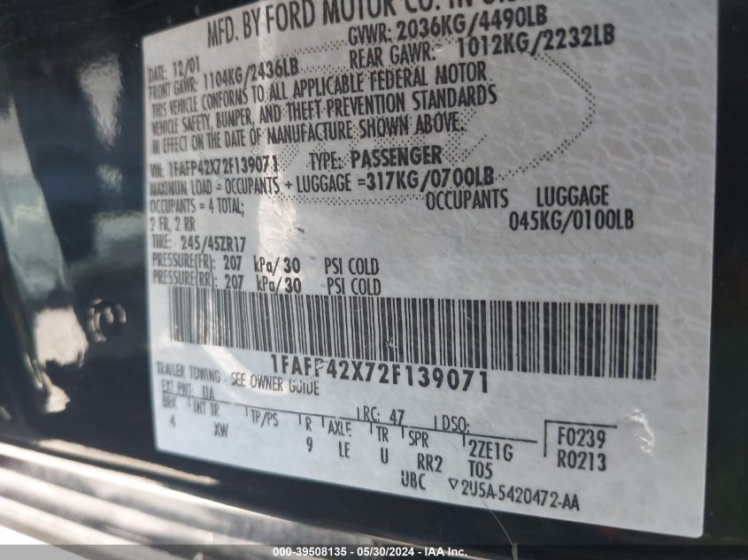 2002 Ford Mustang Gt VIN: 1FAFP42X72F139071 Lot: 39508135