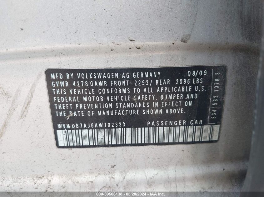 2010 Volkswagen Golf VIN: WVWDB7AJ6AW102333 Lot: 39508138
