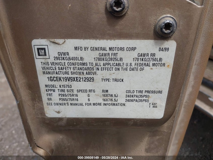 1999 Chevrolet Silverado 1500 Ls VIN: 1GCEK19V9XE212929 Lot: 39508149