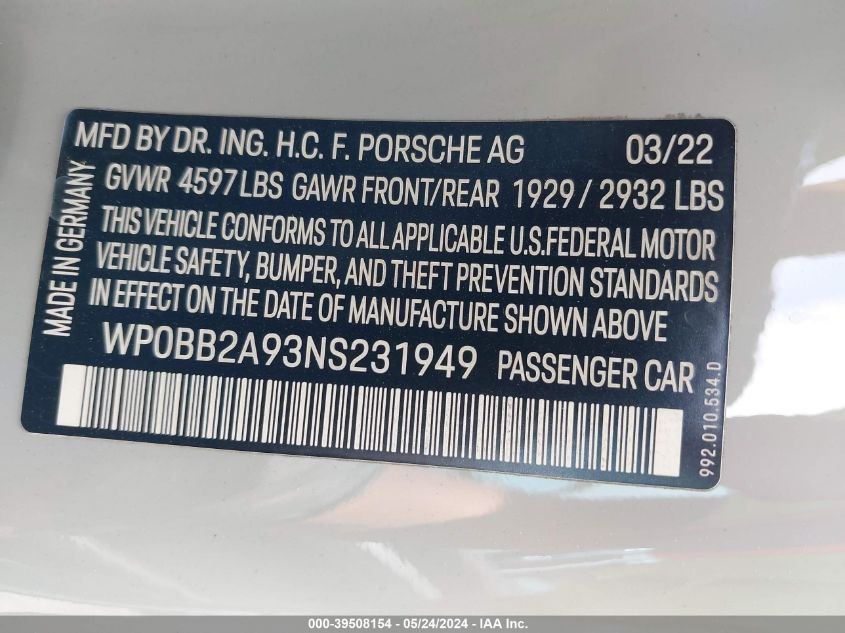 2022 Porsche 911 Targa 4S/Targa 4 Gts VIN: WP0BB2A93NS231949 Lot: 39508154