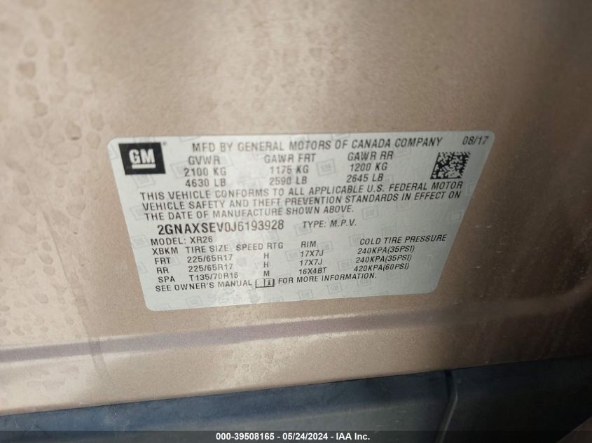 2018 Chevrolet Equinox Lt VIN: 2GNAXSEV0J6193928 Lot: 39508165