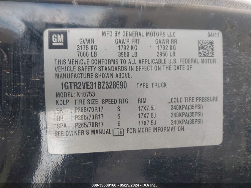 2011 GMC Sierra 1500 Sle VIN: 1GTR2VE31BZ328690 Lot: 39508168