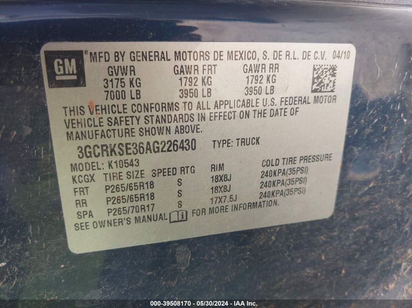 2010 Chevrolet Silverado 1500 Lt VIN: 3GCRKSE36AG226430 Lot: 39508170