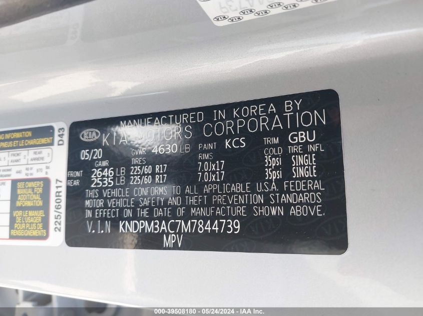 2021 Kia Sportage Lx VIN: KNDPM3AC7M7844739 Lot: 39508180