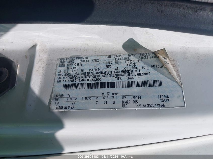 2006 Ford E-250 Commercial/Recreational VIN: 1FTNE24L46HB03200 Lot: 39508183