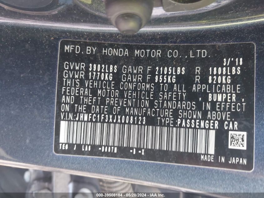 2018 Honda Civic Ex-T VIN: JHMFC1F3XJX008123 Lot: 39508184