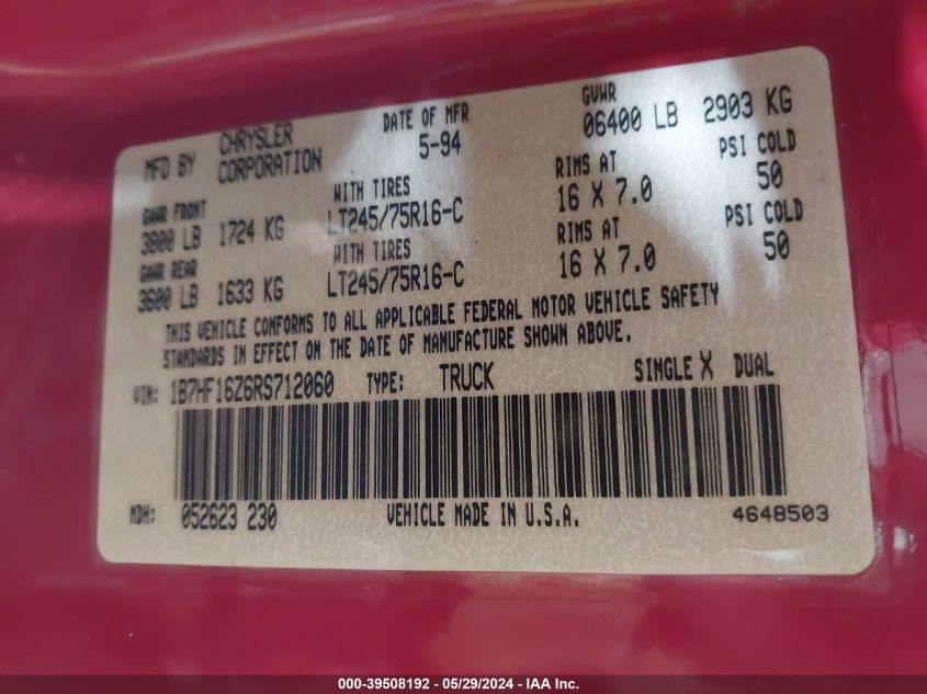 1994 Dodge Ram 1500 VIN: 1B7HF16Z6RS712060 Lot: 39508192