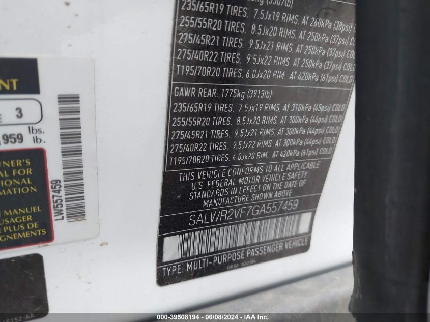 2016 Land Rover Range Rover Sport 3.0L V6 Supercharged Hse VIN: SALWR2VF7GA557459 Lot: 39508194