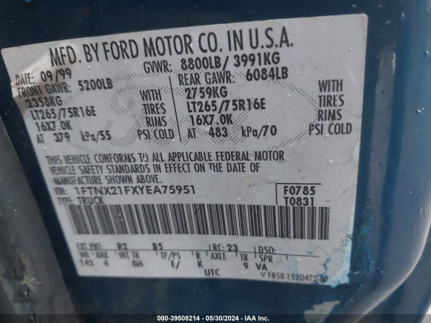 2000 Ford F-250 Lariat/Xl/Xlt VIN: 1FTNX21FXYEA75951 Lot: 39508214