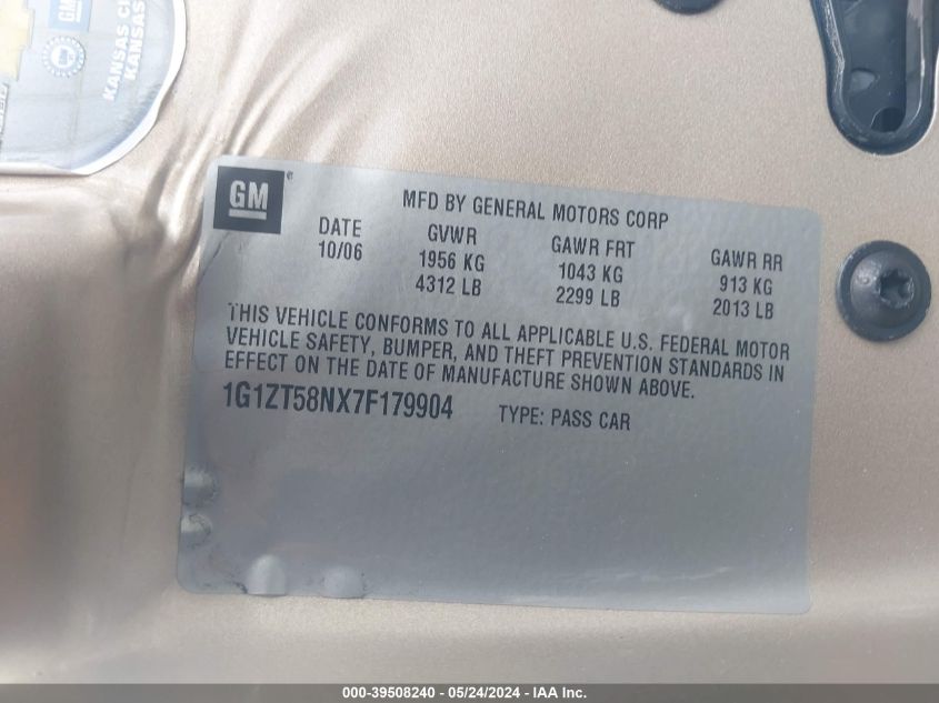 2007 Chevrolet Malibu Lt VIN: 1G1ZT58NX7F179904 Lot: 39508240