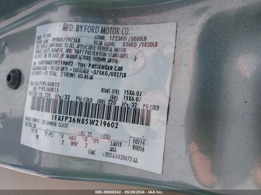 2005 Ford Focus Zxw VIN: 1FAFP36N85W219602 Lot: 39508242