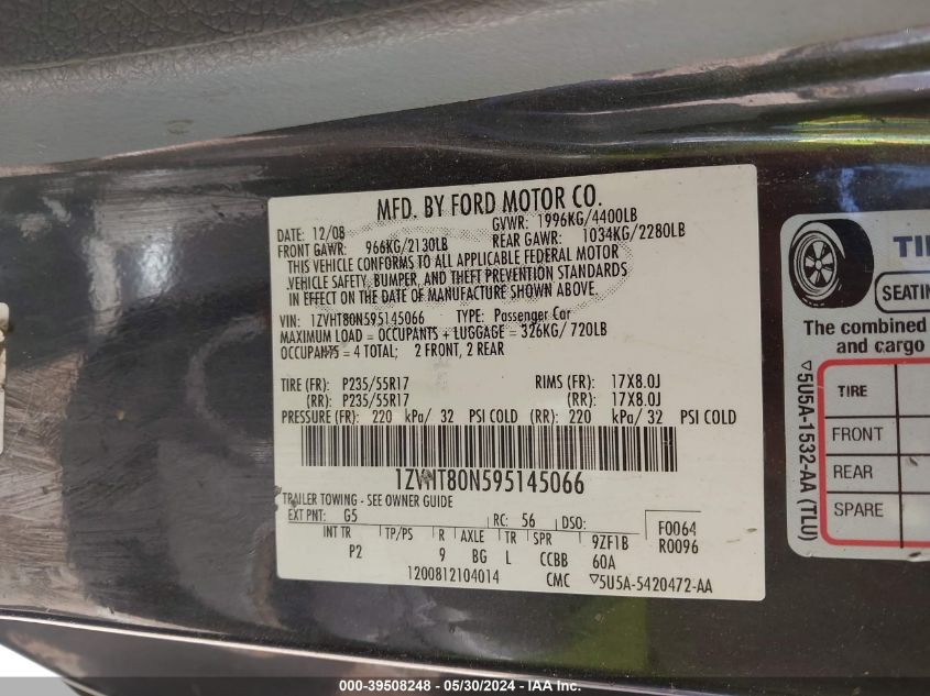 2009 Ford Mustang V6/V6 Premium VIN: 1ZVHT80N595145066 Lot: 39508248