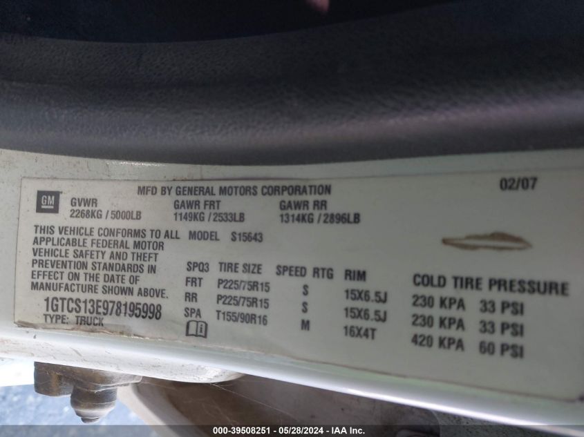 2007 GMC Canyon Sle2 VIN: 1GTCS13E978195998 Lot: 39508251