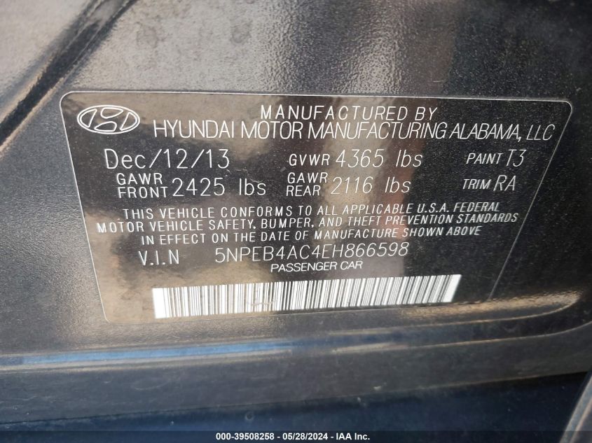 2014 Hyundai Sonata Gls VIN: 5NPEB4AC4EH866598 Lot: 39508258