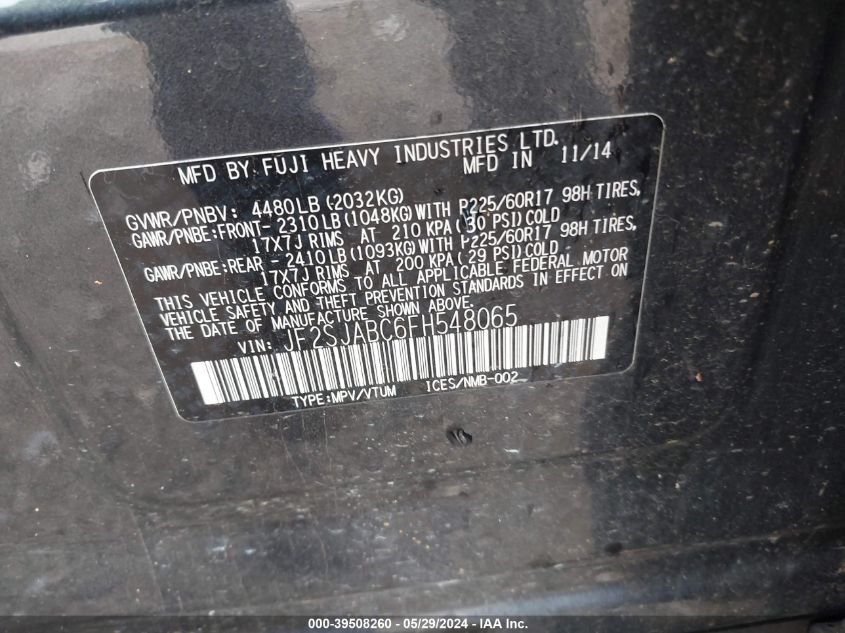 2015 Subaru Forester 2.5I VIN: JF2SJABC6FH548065 Lot: 39508260