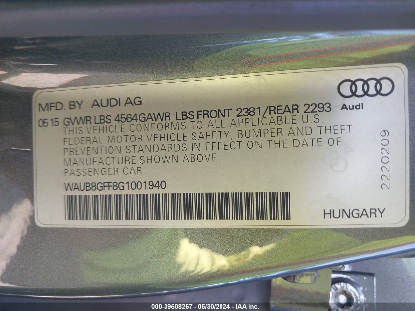 2016 Audi A3 2.0T Premium VIN: WAUB8GFF8G1001940 Lot: 39508267