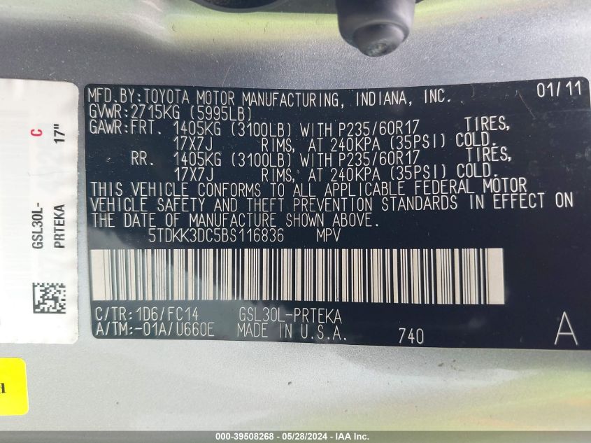 2011 Toyota Sienna Le V6 VIN: 5TDKK3DC5BS116836 Lot: 39508268