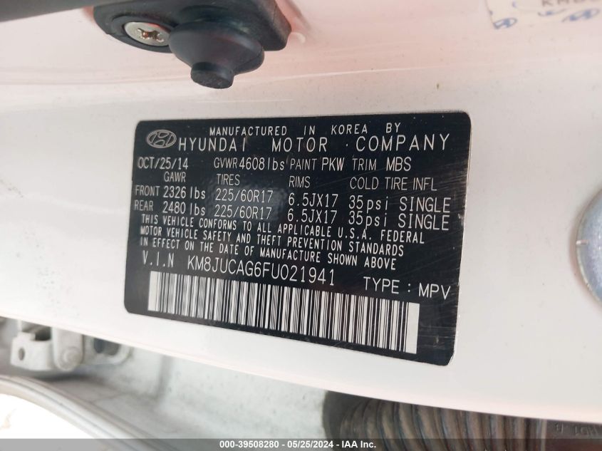 2015 Hyundai Tucson Se VIN: KM8JUCAG6FU021941 Lot: 39508280