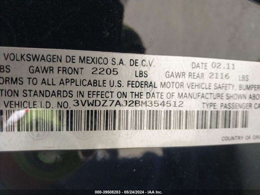 2011 Volkswagen Jetta 2.5L Se VIN: 3VWDZ7AJ2BM354512 Lot: 39508283