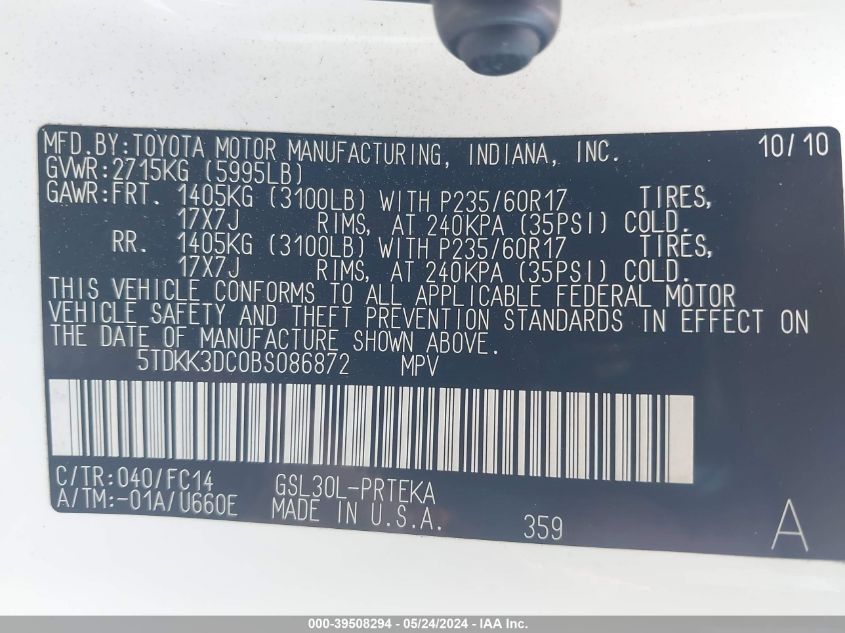 2011 Toyota Sienna Le V6 VIN: 5TDKK3DC0BS086872 Lot: 39508294