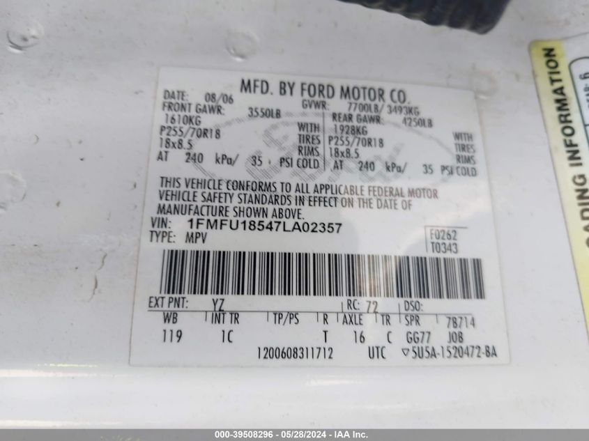 2007 Ford Expedition Eddie Bauer VIN: 1FMFU18547LA02357 Lot: 39508296