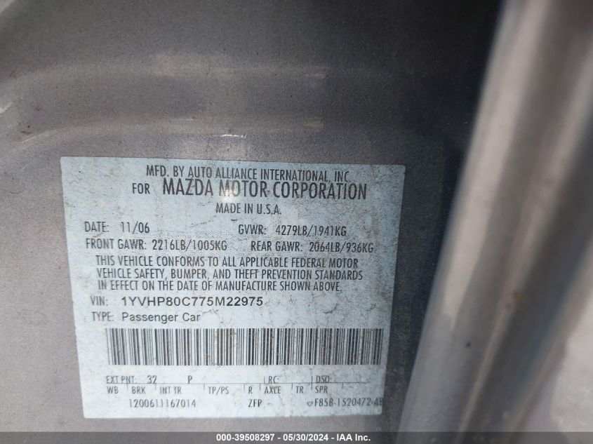 2007 Mazda Mazda6 I Touring VIN: 1YVHP80C775M22975 Lot: 39508297