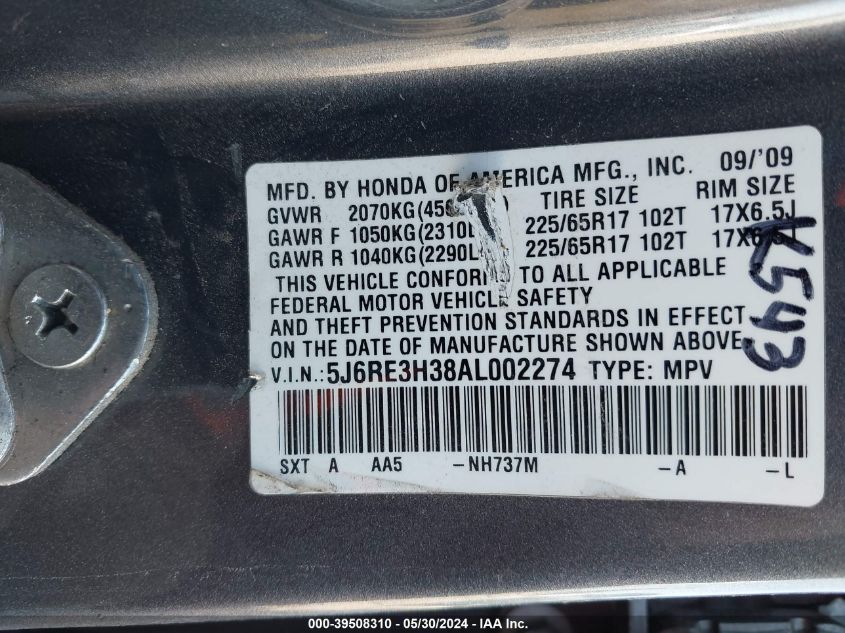 2010 Honda Cr-V Lx VIN: 5J6RE3H38AL002274 Lot: 39508310